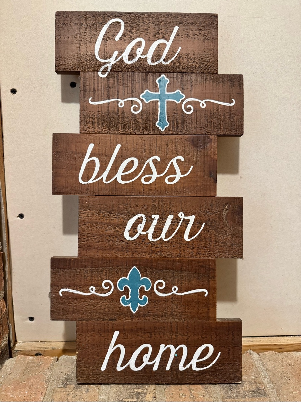 God Bless Our Home Wooden Wall Sign - Brown with Teal Accents